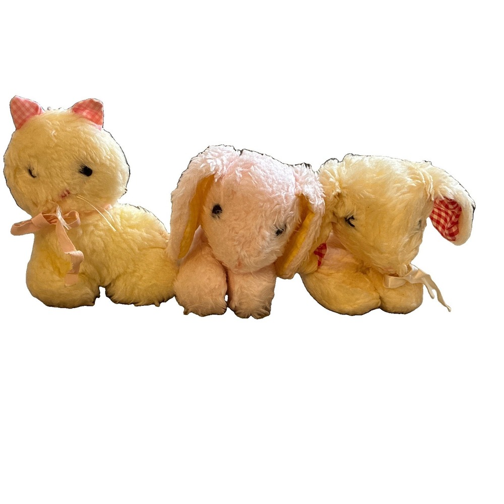 VTG Eden Bunny Rabbit & Cat Plush Rattle Gingham Ears Cream Wooly Fur Lot Of 3
